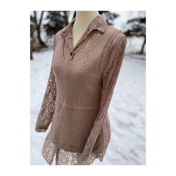 Simply Couture Set Lace Tunic Knit Sweater Vest Taupe Sz S - Picture 6 of 8